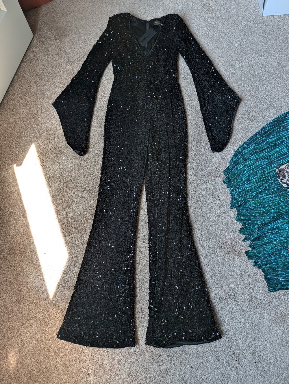 Black Sequin Long-Sleeve V-Neck Pantsuit with Bell Sleeves - Picture 3 of 4
